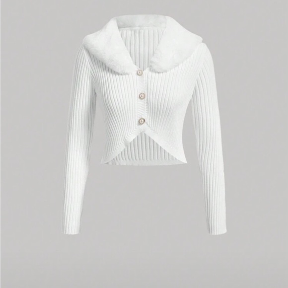 White Ribbed Button-Up Cardigan/Sweater - Picture 3 of 4